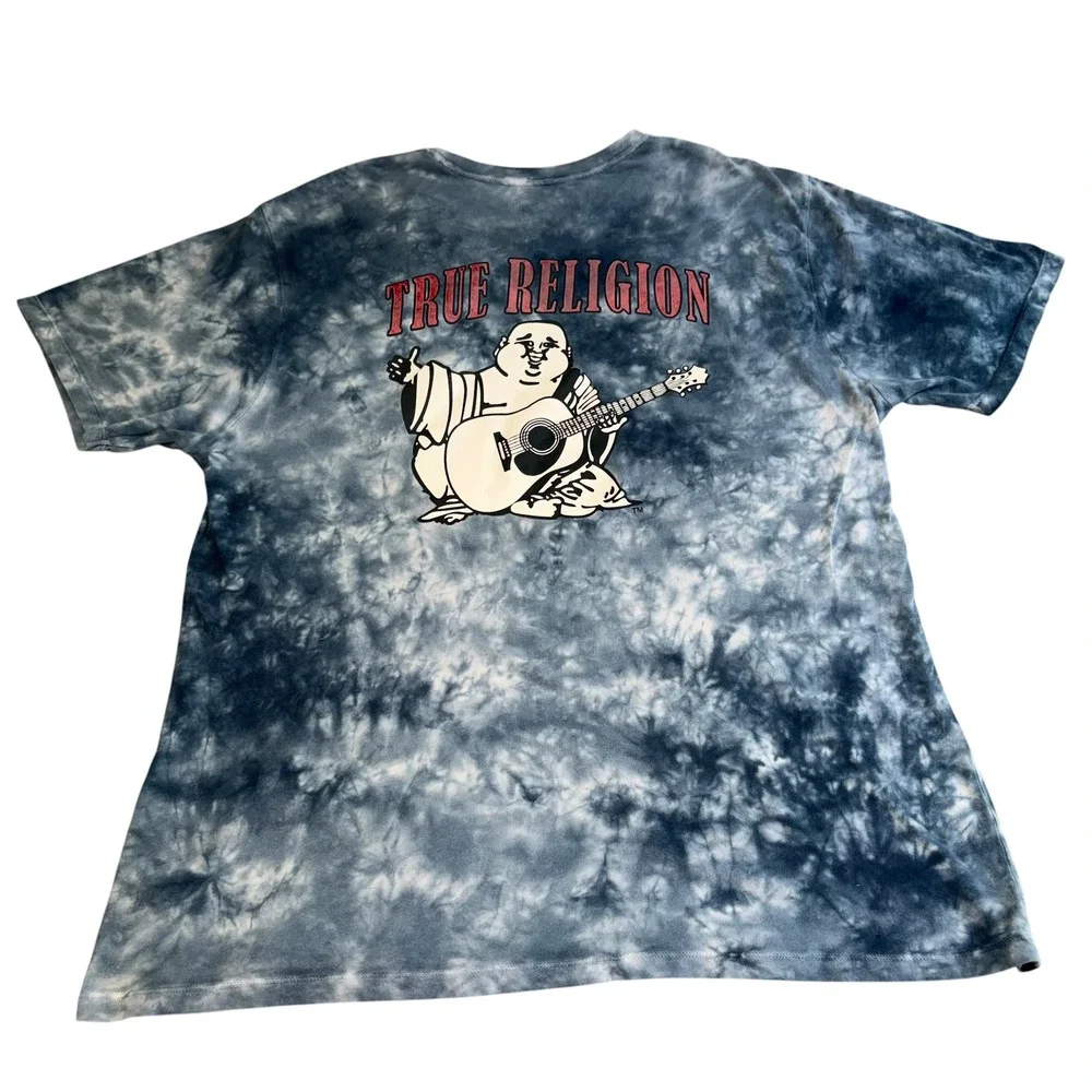 True Religion Buddha Guitar Tie Dye T-Shirt Blue White Unisex XL